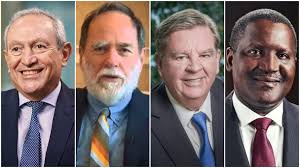 4MILLIARDAIRES Les quatre milliardaires africains plus riches que la moitié du continent: de droite à gauche - le Nigérian Aliko Dangote (ciment, sucre, engrais etc...), les Sud-Africains Johann Rupert (luxe) et Nicky Oppenheimer (diamants), ainsi que l’Egyptien Nassef Sawiris (industrie et construction).