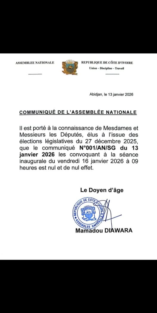 Assemblée nationale : La convocation à la séance inaugurale du 16 janvier annulée